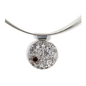 Silver coin retriculated on 5 strand wire necklace ruby CZ 17"wire 1" pendant